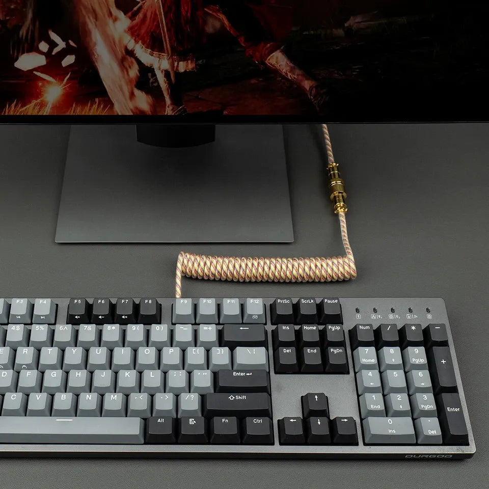 Custom Coiled Keyboard Cables for Mechanical Gaming Keyboard USB-C to USB-A, Aviator Cable Keyboard Accessories with Storage Box (GOLD)