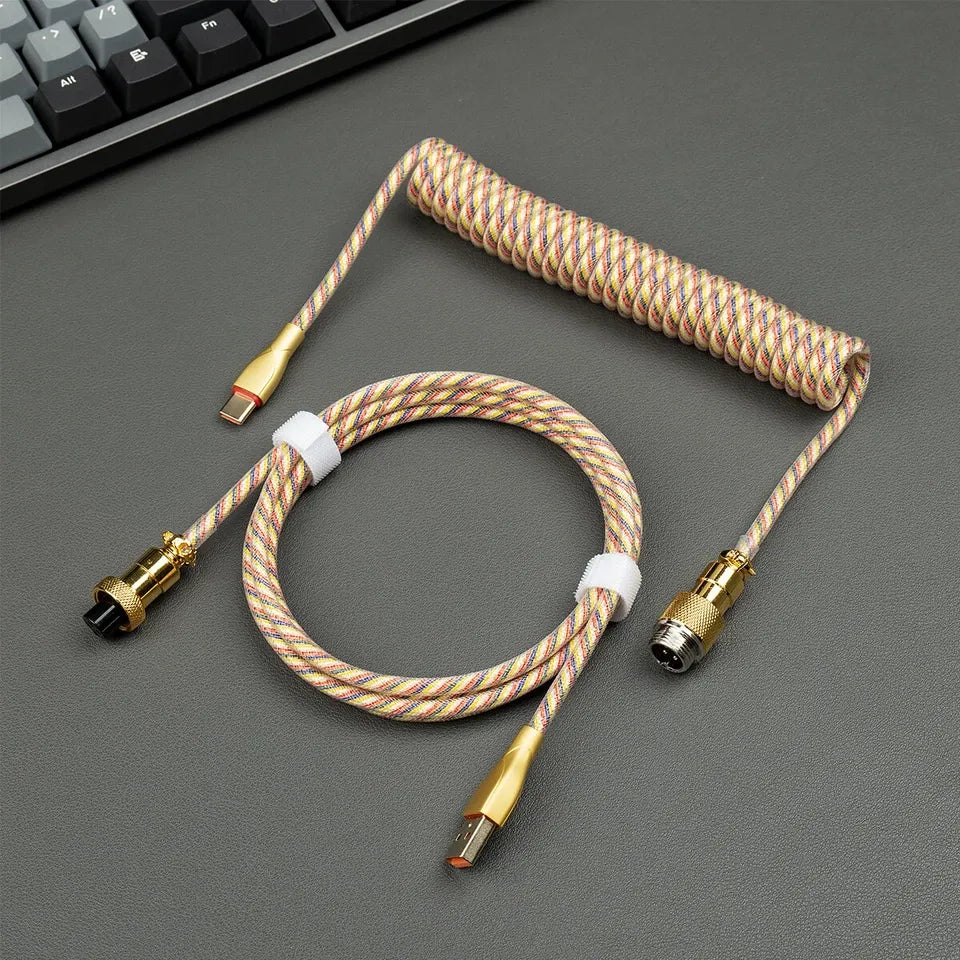 Custom Coiled Keyboard Cables for Mechanical Gaming Keyboard USB-C to USB-A, Aviator Cable Keyboard Accessories with Storage Box (GOLD)