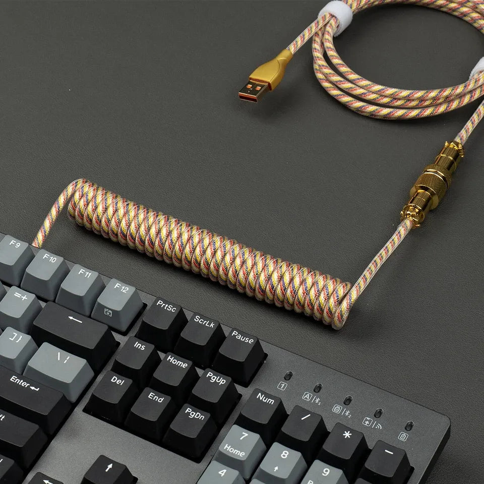 Custom Coiled Keyboard Cables for Mechanical Gaming Keyboard USB-C to USB-A, Aviator Cable Keyboard Accessories with Storage Box (GOLD)