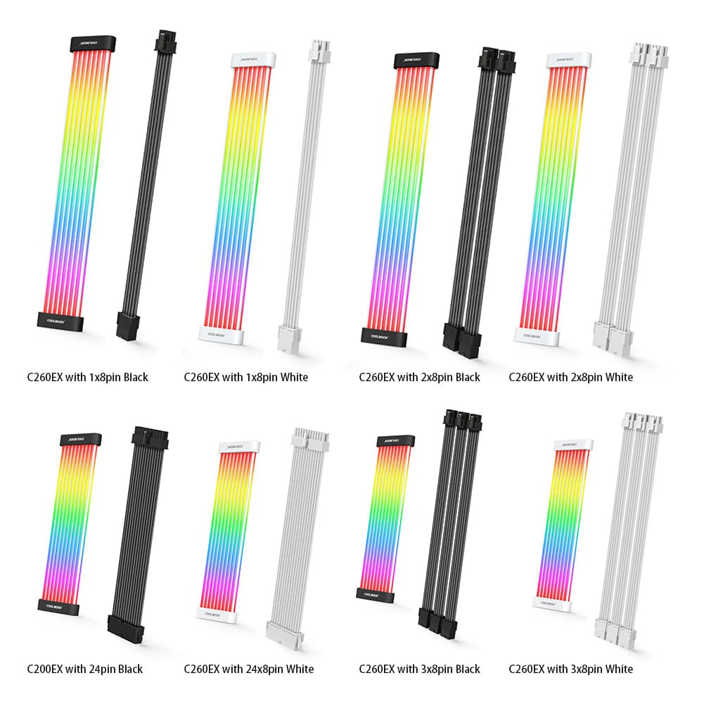 COOLMOON 5V ARGB Computer Motherboard Neon Extension Cable C260EX Sync PC Case LED Light Bar PSU 8Pin Cables White