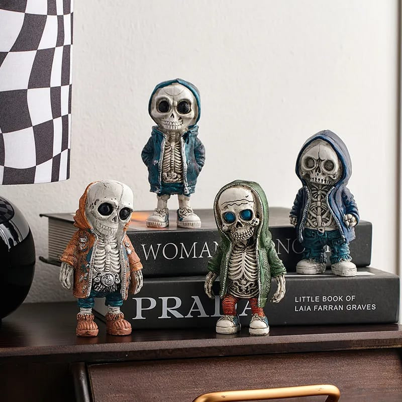 Skull Resin Statue Cool Skeleton Decorative Figurines Halloween Party Decoration Home Accessories Living Room Bedroom Decoration (4pcs)