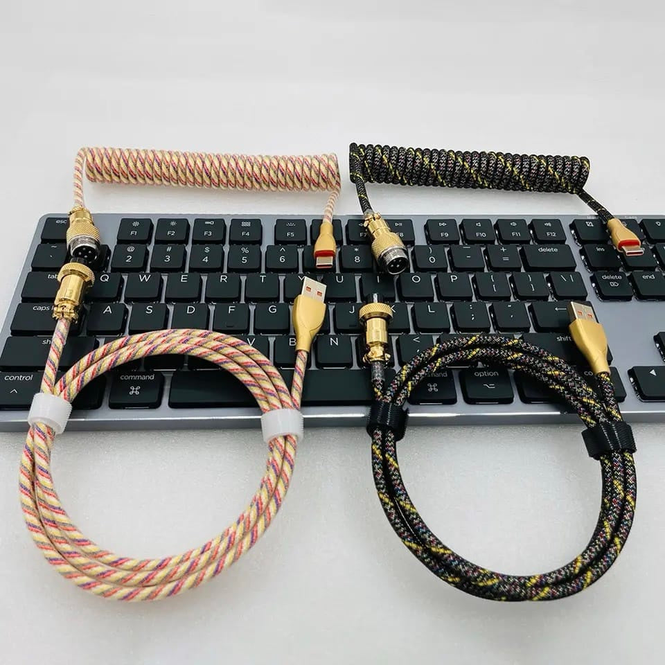 Custom Coiled Keyboard Cables for Mechanical Gaming Keyboard USB-C to USB-A, Aviator Cable Keyboard Accessories with Storage Box (GOLD)