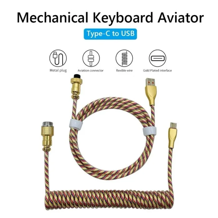 Custom Coiled Keyboard Cables for Mechanical Gaming Keyboard USB-C to USB-A, Aviator Cable Keyboard Accessories with Storage Box (GOLD) – Image 5