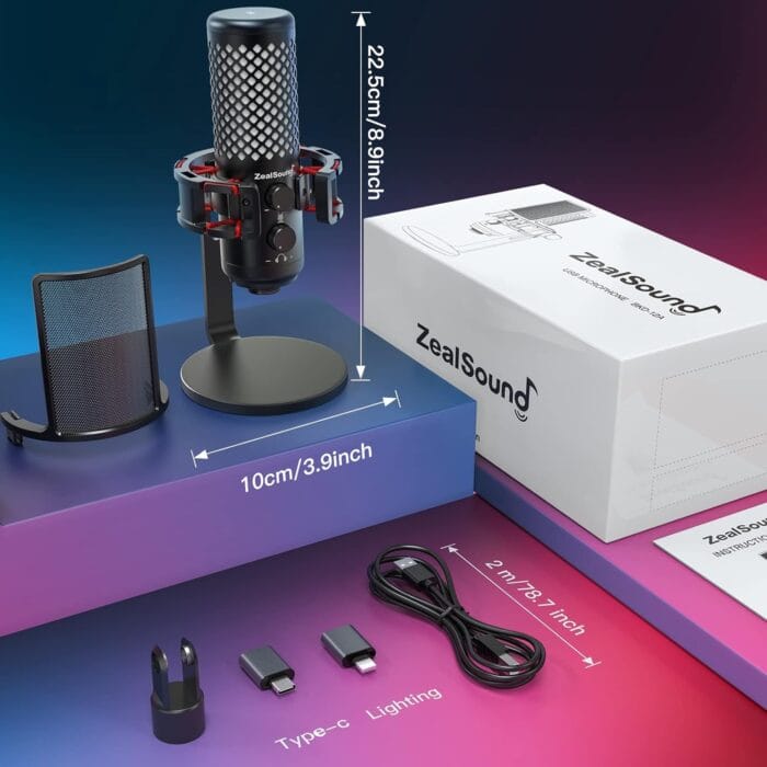 ZealSound BKD-12A + Rgb Stand PRO Microphone USB for Ps4 iPhone Ps5 Phone PC,Metal Microphones with Quick Mute,RGB Indicator,Pop Filter,Shock Mount,Gain Control for Podcast – Image 2