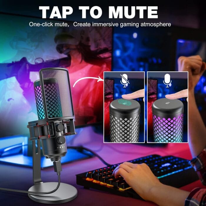ZealSound BKD-12A + Rgb Stand PRO Microphone USB for Ps4 iPhone Ps5 Phone PC,Metal Microphones with Quick Mute,RGB Indicator,Pop Filter,Shock Mount,Gain Control for Podcast – Image 10