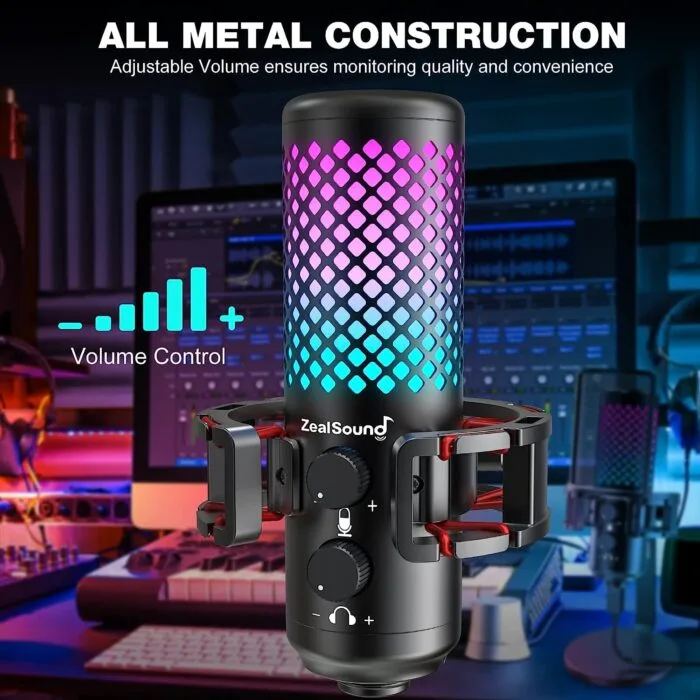 ZealSound BKD-12A PRO Microphone USB for Ps4 iPhone Ps5 Phone PC,Metal Microphones with Quick Mute,RGB Indicator,Pop Filter,Shock Mount,Gain Control for Podcast – Image 5