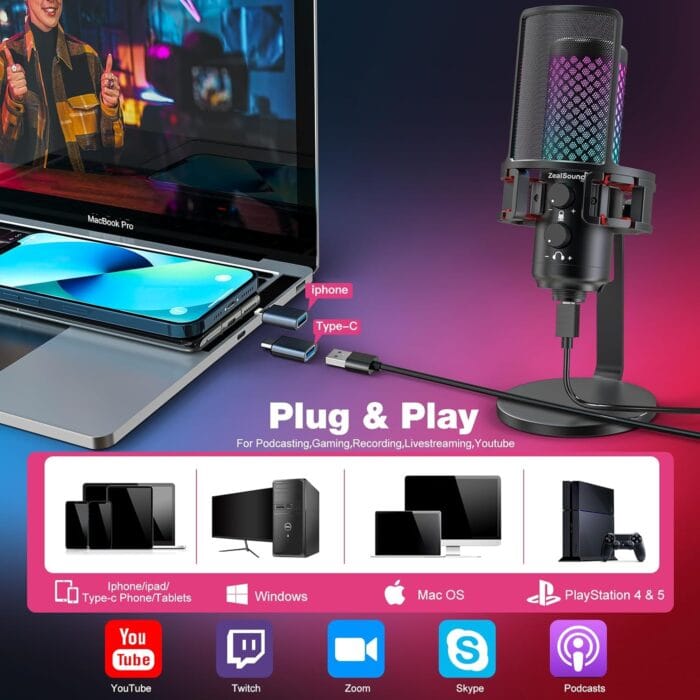ZealSound BKD-12A + Rgb Stand PRO Microphone USB for Ps4 iPhone Ps5 Phone PC,Metal Microphones with Quick Mute,RGB Indicator,Pop Filter,Shock Mount,Gain Control for Podcast – Image 8