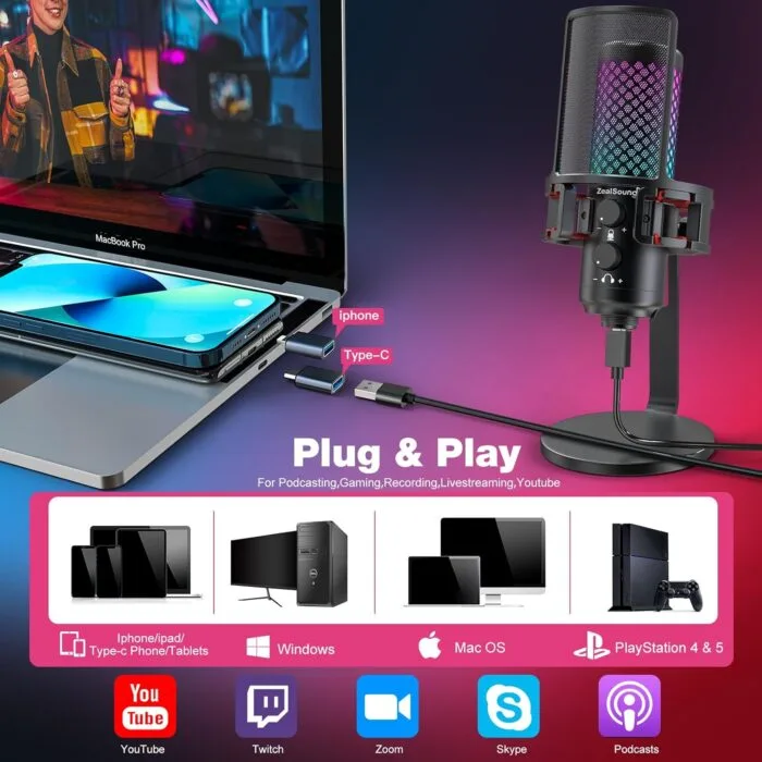 ZealSound BKD-12A PRO Microphone USB for Ps4 iPhone Ps5 Phone PC,Metal Microphones with Quick Mute,RGB Indicator,Pop Filter,Shock Mount,Gain Control for Podcast – Image 6