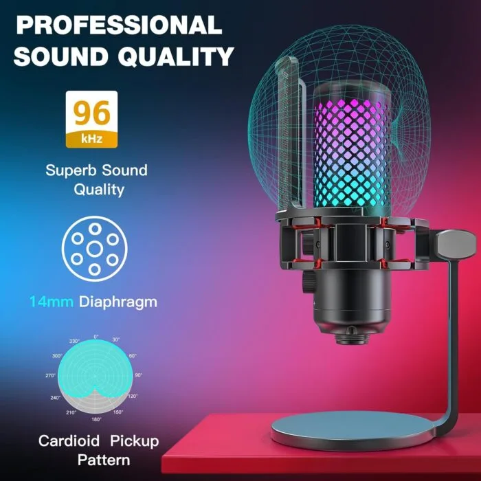 ZealSound BKD-12A PRO Microphone USB for Ps4 iPhone Ps5 Phone PC,Metal Microphones with Quick Mute,RGB Indicator,Pop Filter,Shock Mount,Gain Control for Podcast – Image 4