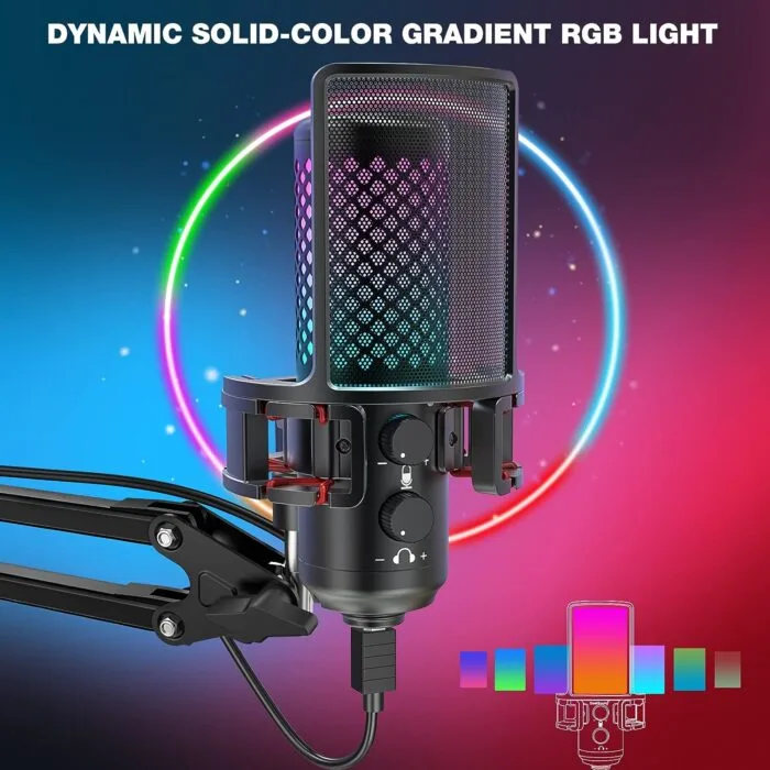 ZealSound BKD-12A PRO Microphone USB for Ps4 iPhone Ps5 Phone PC,Metal Microphones with Quick Mute,RGB Indicator,Pop Filter,Shock Mount,Gain Control for Podcast – Image 3