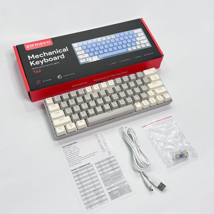 T62 (63 Keys) Mechanical Keyboard, RGB Backlit, Hot-swappable, White & Grey Beige (Red switches) – Image 3