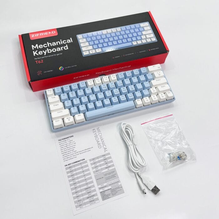 T62 (63 Keys) Mechanical Keyboard, RGB Backlit, Hot-swappable, White & Light (Blue switches) – Image 2