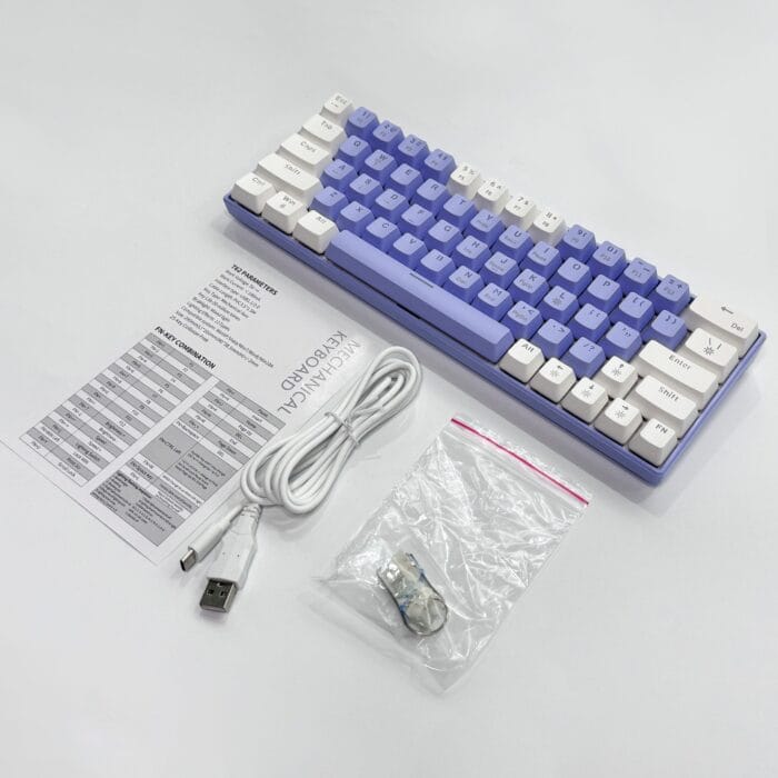 Zifriend T62 (63 Keys) Mechanical Keyboard, RGB Backlit, Hot-swappable, White & Purple (Blue switches) – Image 3