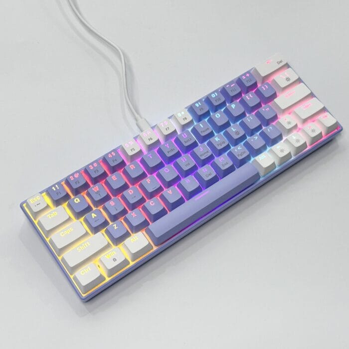 Zifriend T62 (63 Keys) Mechanical Keyboard, RGB Backlit, Hot-swappable, White & Purple (Blue switches) – Image 8