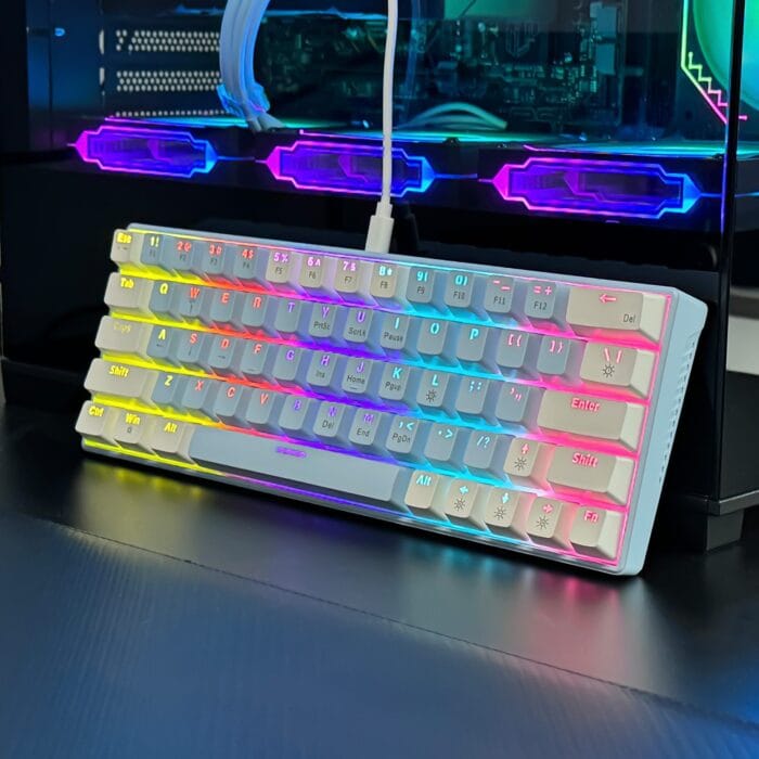 T62 (63 Keys) Mechanical Keyboard, RGB Backlit, Hot-swappable, White & Light (Blue switches) – Image 4