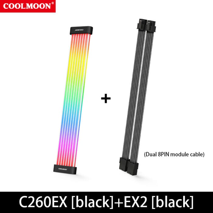 COOLMOON 5V ARGB Computer Motheboard Neon Extension Cable C260EX Sync PC Case LED Light Bar PSU 8Pin Cables (Black) – Image 2